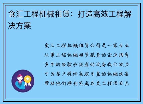 食汇工程机械租赁：打造高效工程解决方案